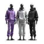 "Three sleek mannequins showcasing Ansons Apparel's exclusive hoodie collection in lavender, grey, and black, positioned side by side.