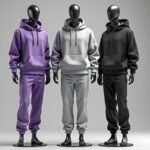 Three sleek mannequins showcasing Ansons Apparel's exclusive hoodie collection in lavender, grey, and black, positioned side by side.