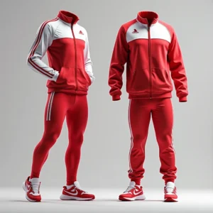 Two models posing in classic red and white tracksuits, featuring iconic stripes and logos, showcasing a sporty and stylish look on a neutral background.