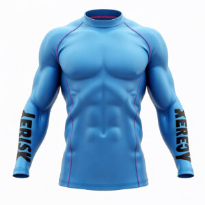 Digital mockup of a high-performance blue compression sports shirt with enhanced muscle contour detailing and branded sleeves.